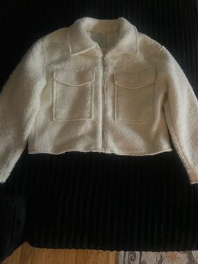 Cream Sherpa Zip Jacket with Front Flap Pockets
